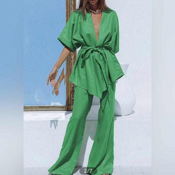 Oversized Linen Tied Two Piece Pants Set Size S CC24-18 - Picture 1 of 6